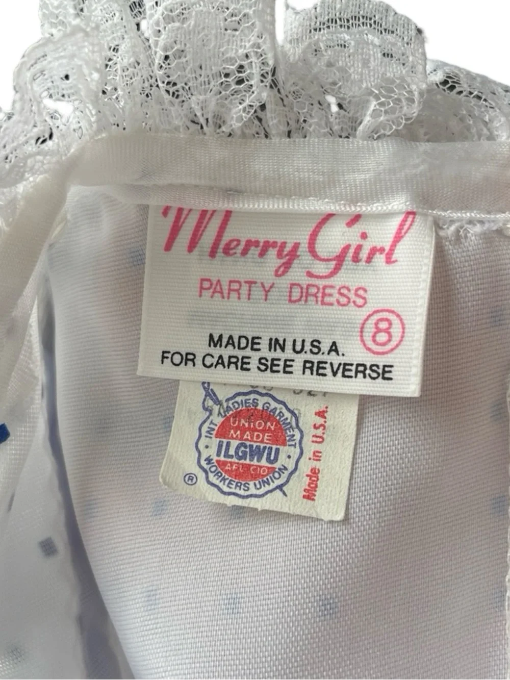 Vintage Merry Girl Party Dress White Blue Diamond Pleated Girls Size 8
